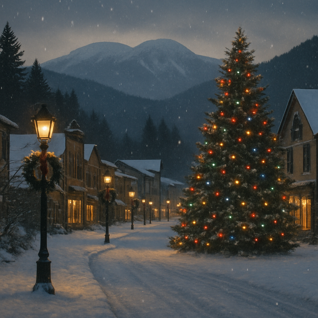 A snow-covered Adirondack village Main Street at dusk with warm-lit shop windows, a decorated town Christmas tree, and wreaths on the lampposts