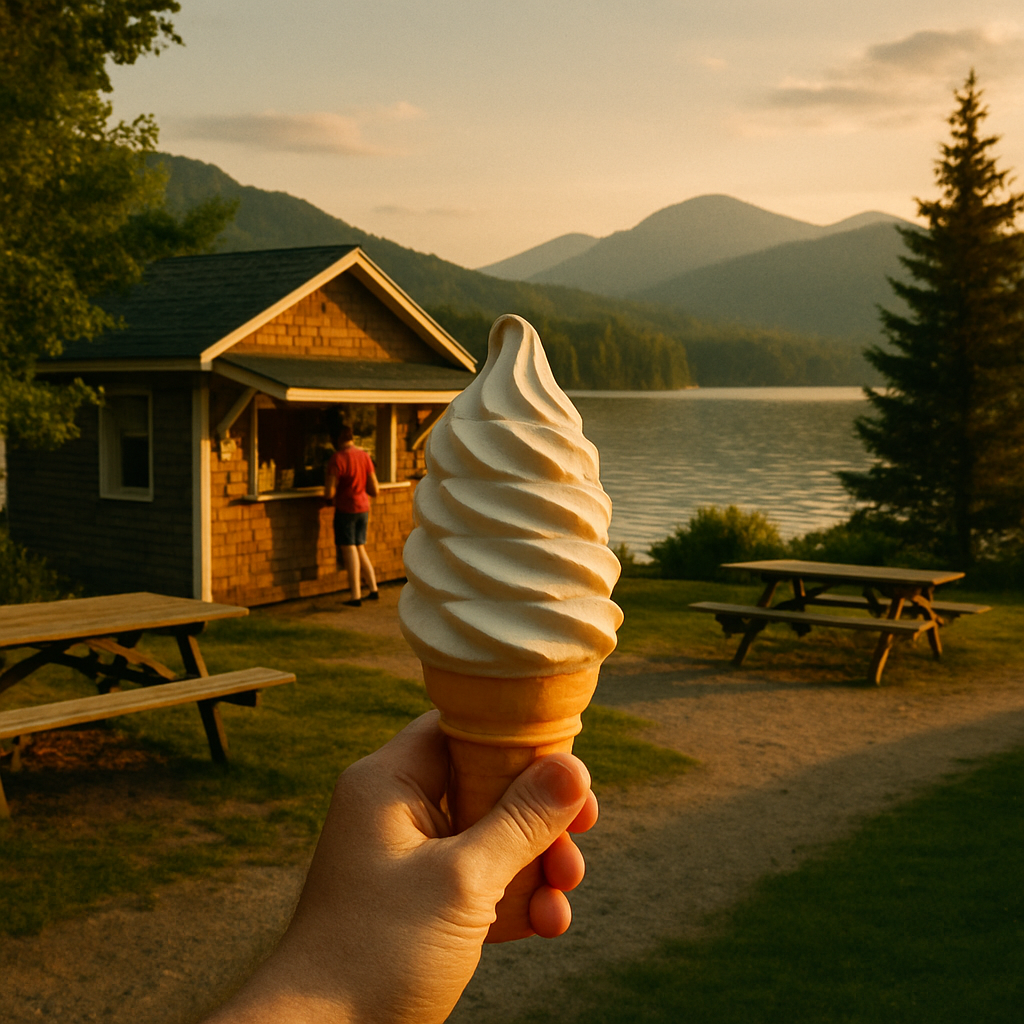 A soft-serve ice cream cone held up against an Adirondack lake and mountains at golden hour beside a classic roadside stand