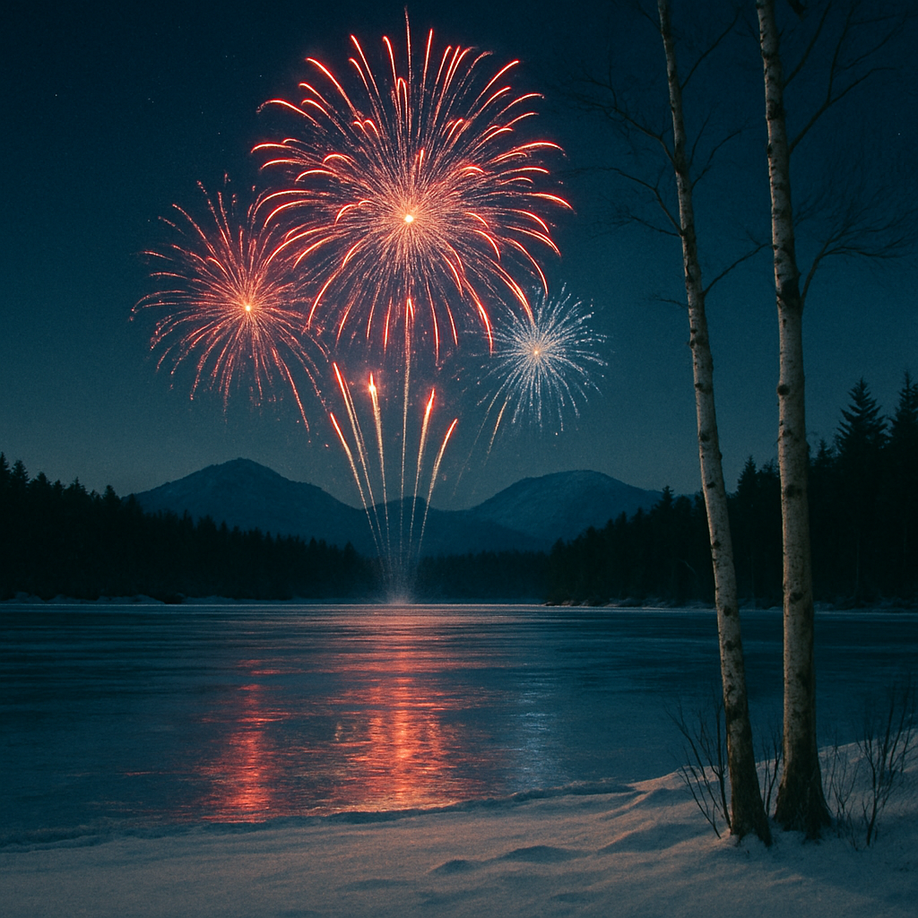 Fireworks bursting over a frozen Adirondack lake at night, ringed by snowy evergreens and dark mountains