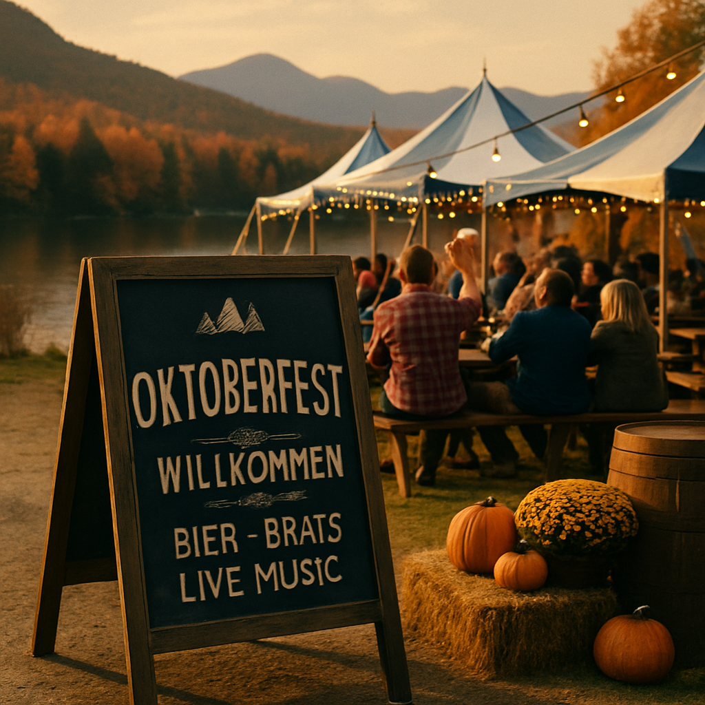 An Adirondack lakeside Oktoberfest at golden hour with Bavarian tents, foliage, and a hand-painted Oktoberfest sign