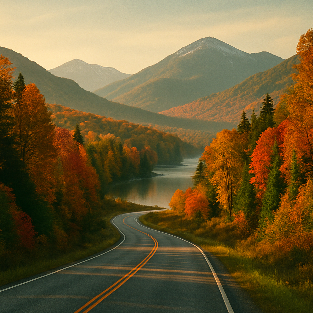 A two-lane Adirondack highway winding under peak fall color