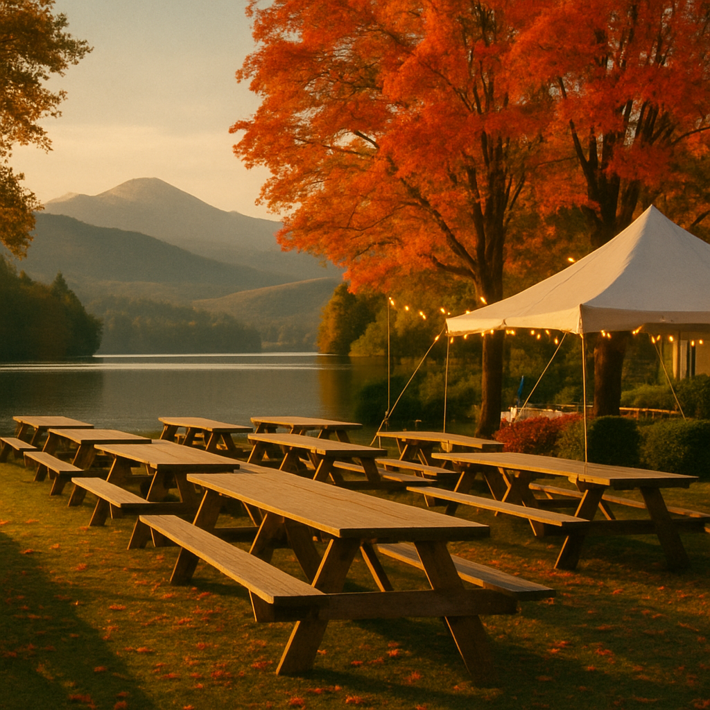 A lakeside Adirondack village green set for an autumn festival