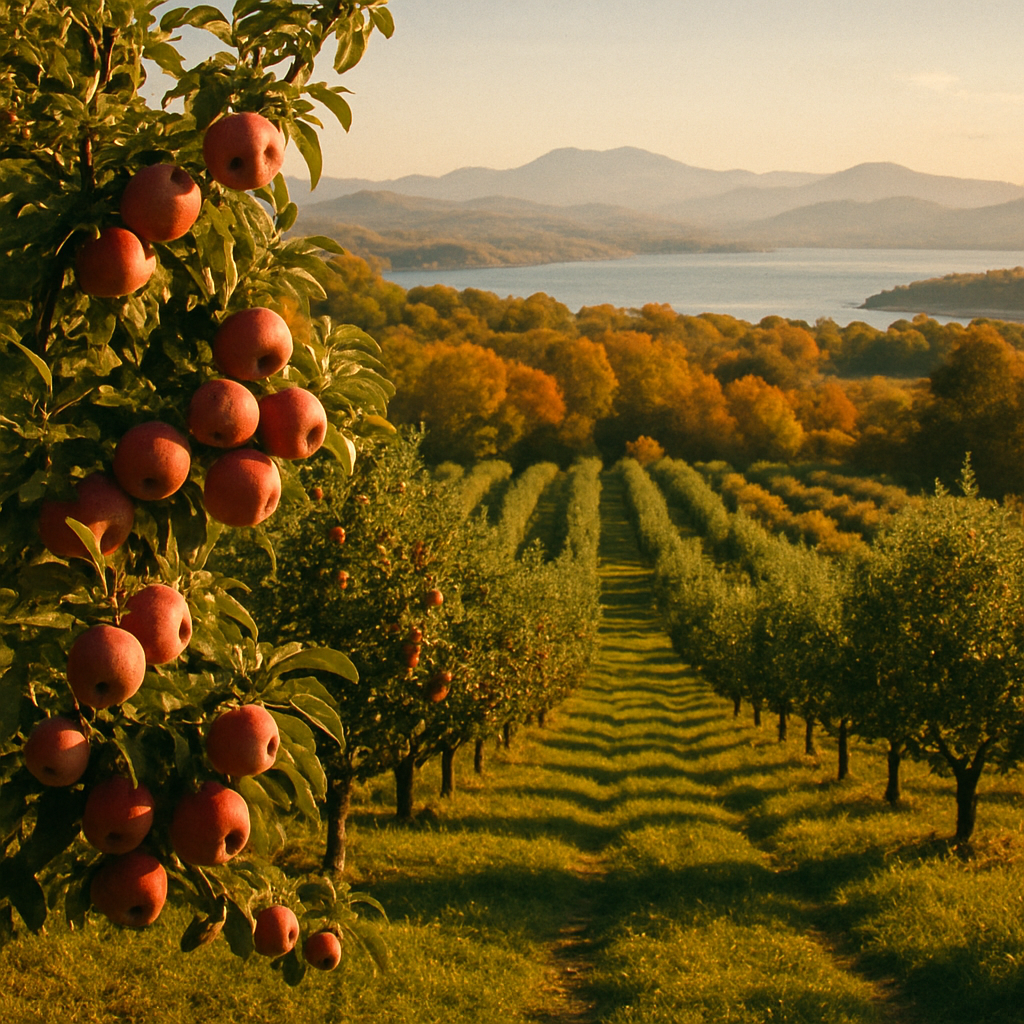 A Champlain Valley apple orchard at peak harvest with the lake beyond