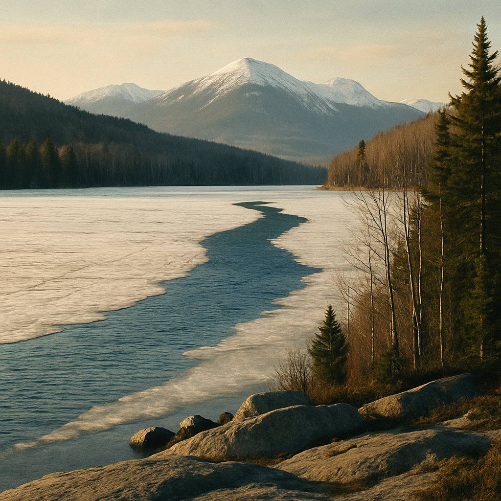 A high Adirondack lake breaking free of its ice at first light, snow still on the surrounding peaks