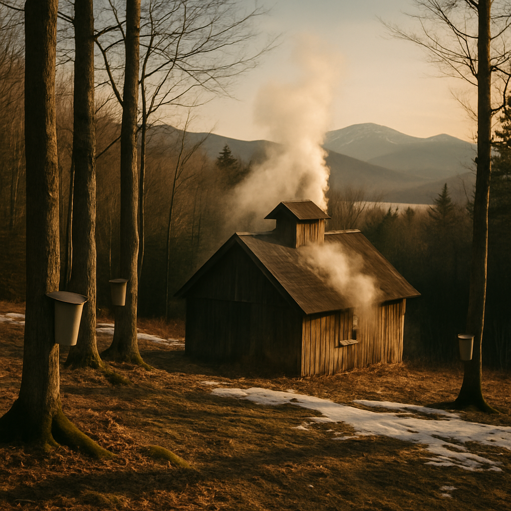 Steam rising from a small Adirondack sugarhouse in a leafless early-spring maple woods