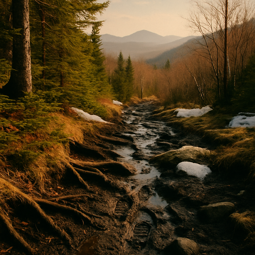 A muddy Adirondack high-peaks trail in early spring, deep bootprints between roots and rotting snow