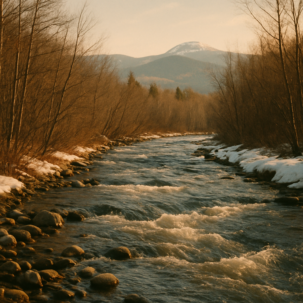 A clear cold Adirondack trout stream running fast over cobbles between leafless alders in early spring