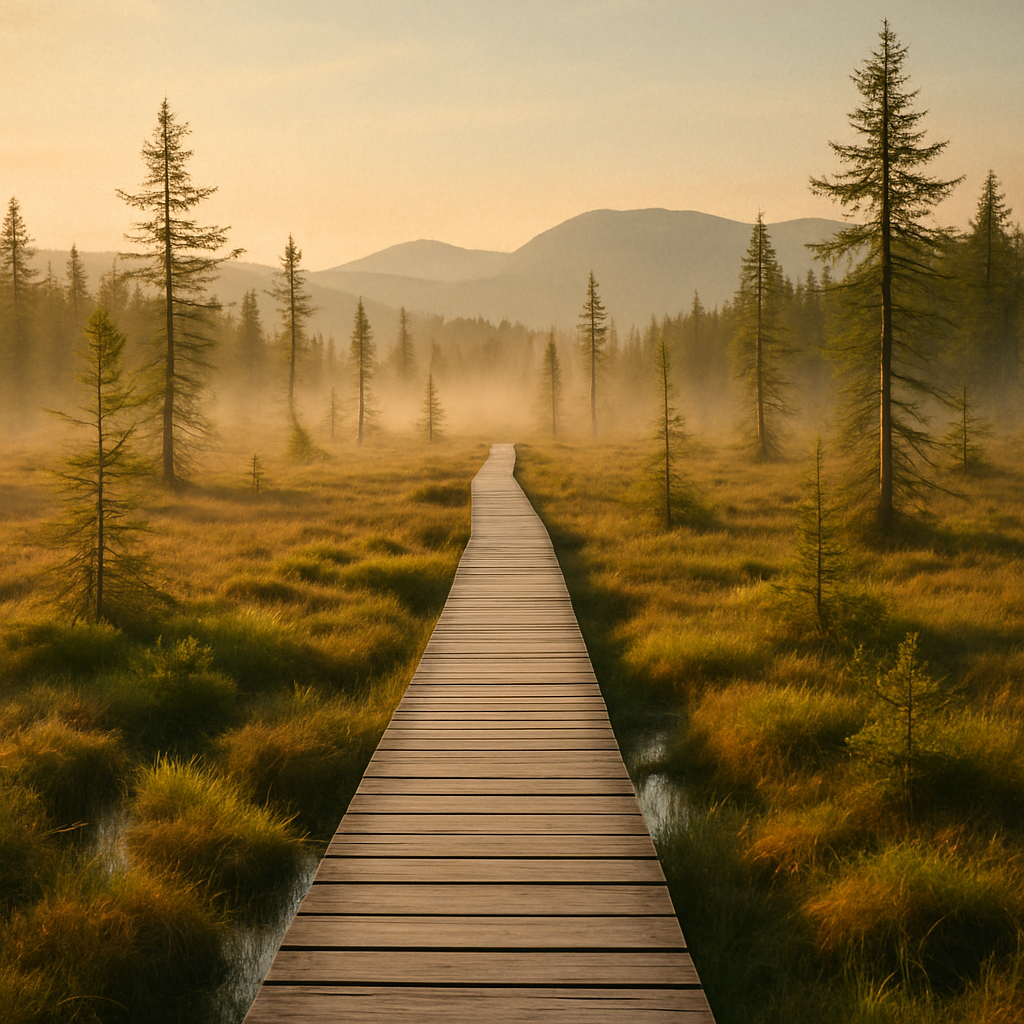 A wooden boardwalk crossing a misty Adirondack boreal bog at dawn in spring