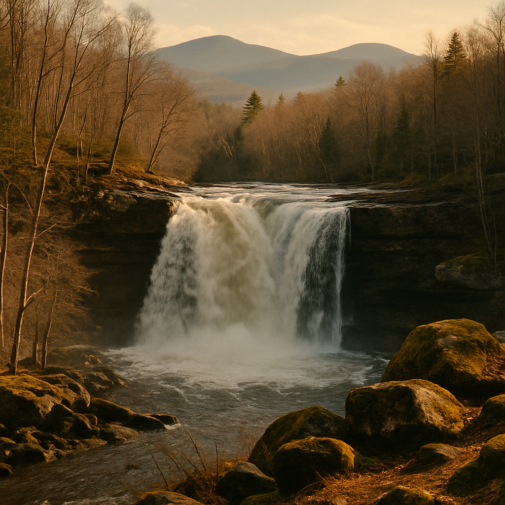 A powerful Adirondack waterfall at peak spring snowmelt dropping over dark rock ledges