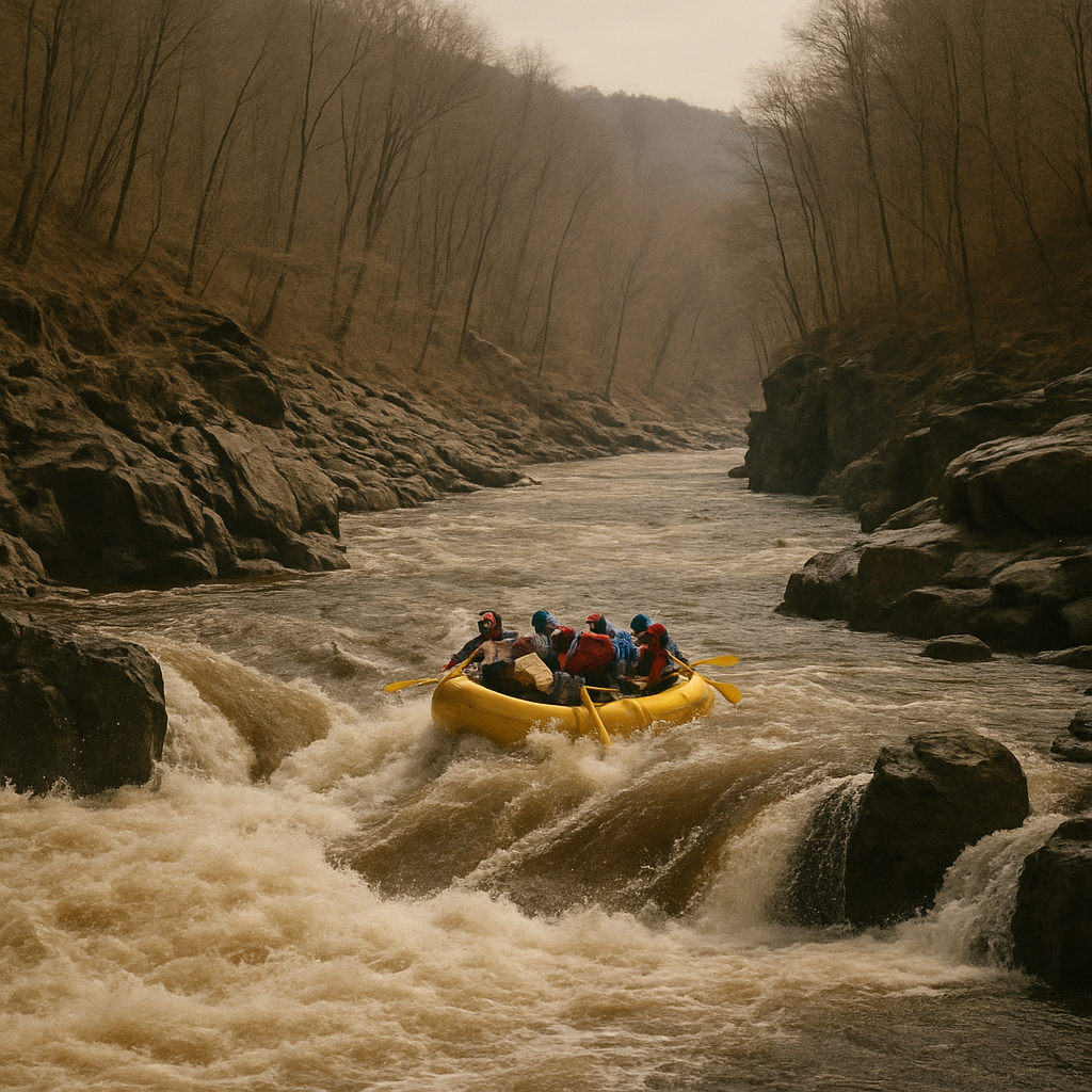 A raft dropping through a standing wave in an Adirondack river gorge swollen with spring snowmelt