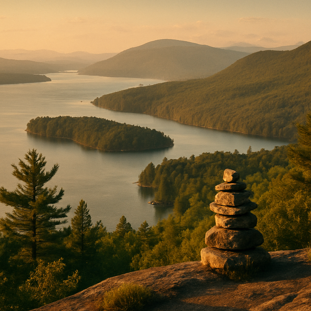 Lake George and its islands from a forested overlook at dusk