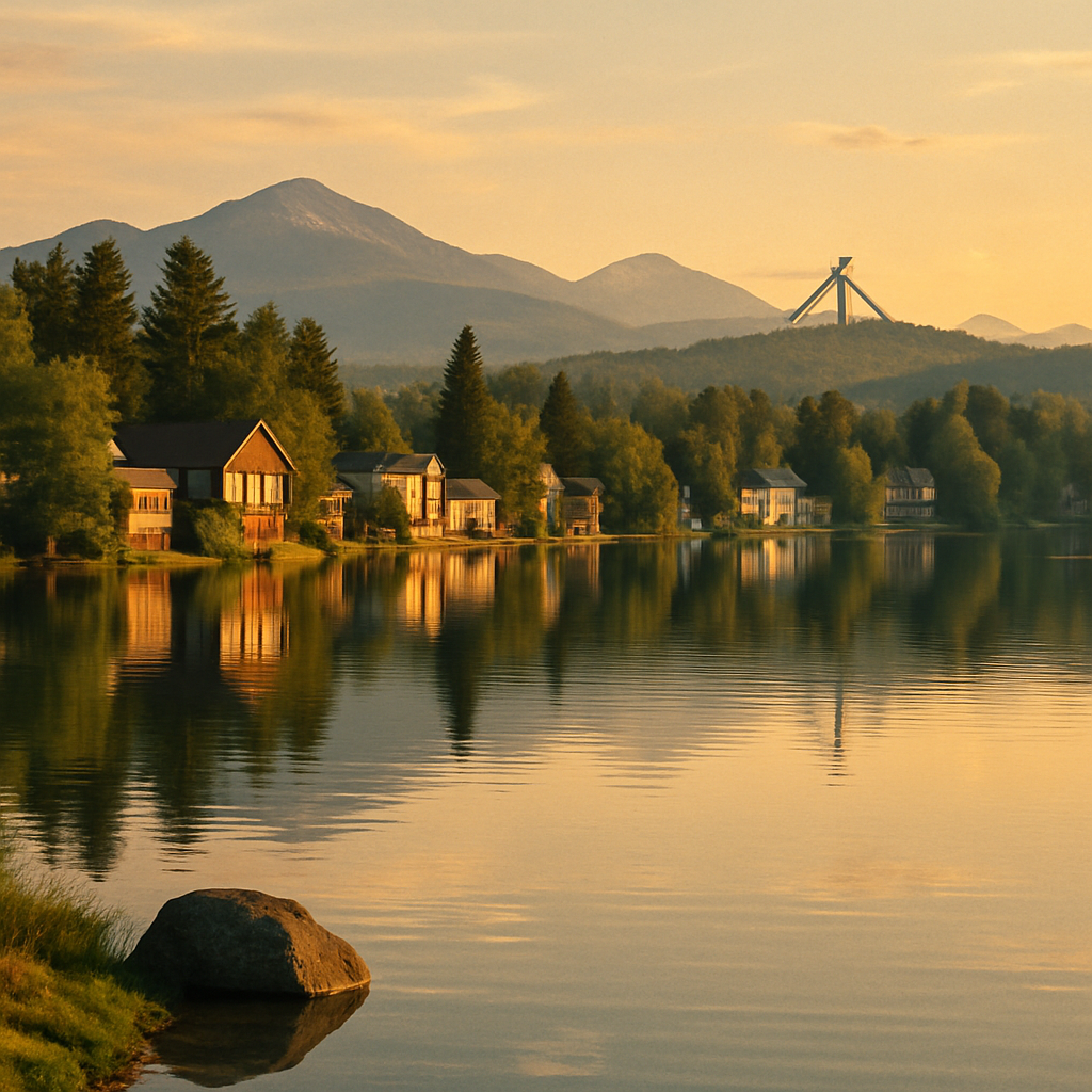 Mirror Lake at Lake Placid with the High Peaks beyond at golden hour