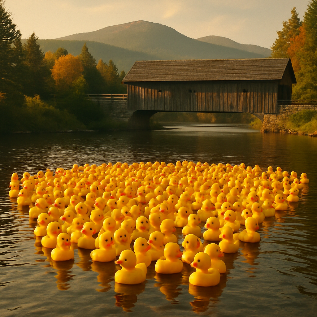 Thousands of yellow rubber ducks on the Moose River below the covered bridge at Old Forge