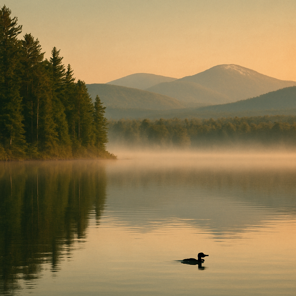 Still, undeveloped Piseco Lake at dawn with mist rising