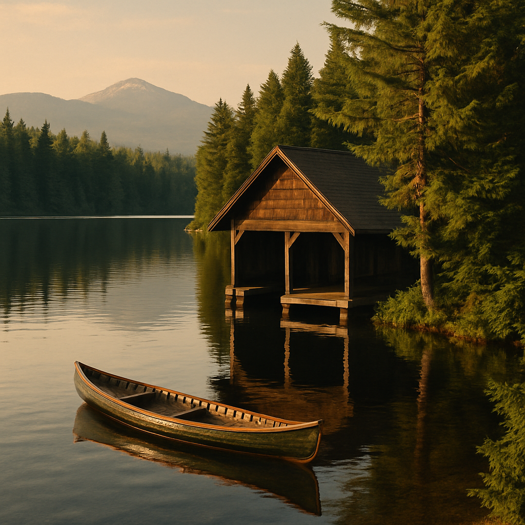 A rustic great-camp boathouse on the forested shore of Raquette Lake