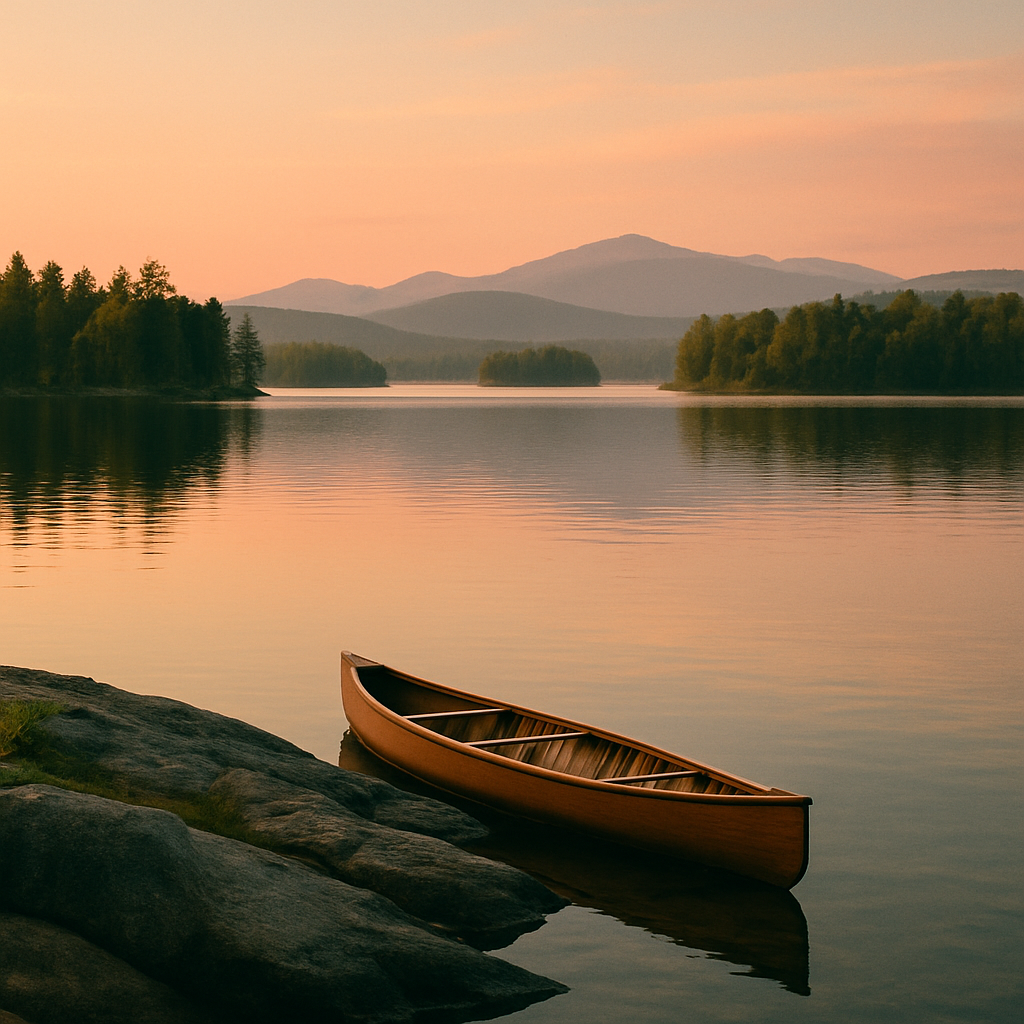 The Saranac Lakes threading between forested islands at dusk