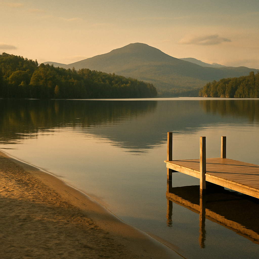 Schroon Lake at golden hour with a quiet town beach