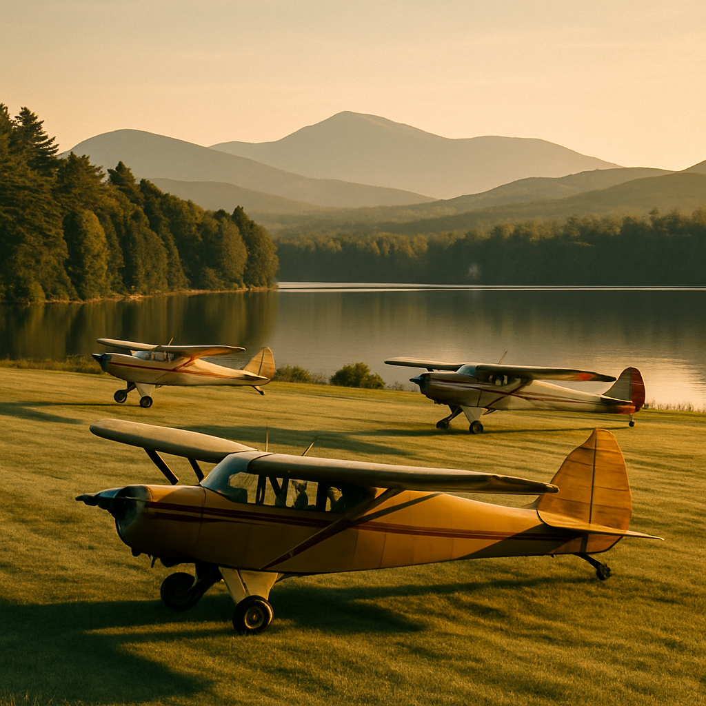 Vintage propeller planes on a grass airstrip beside the lake at Speculator