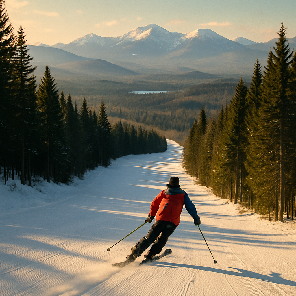 A skier on a groomed Adirondack run below the snow-capped High Peaks