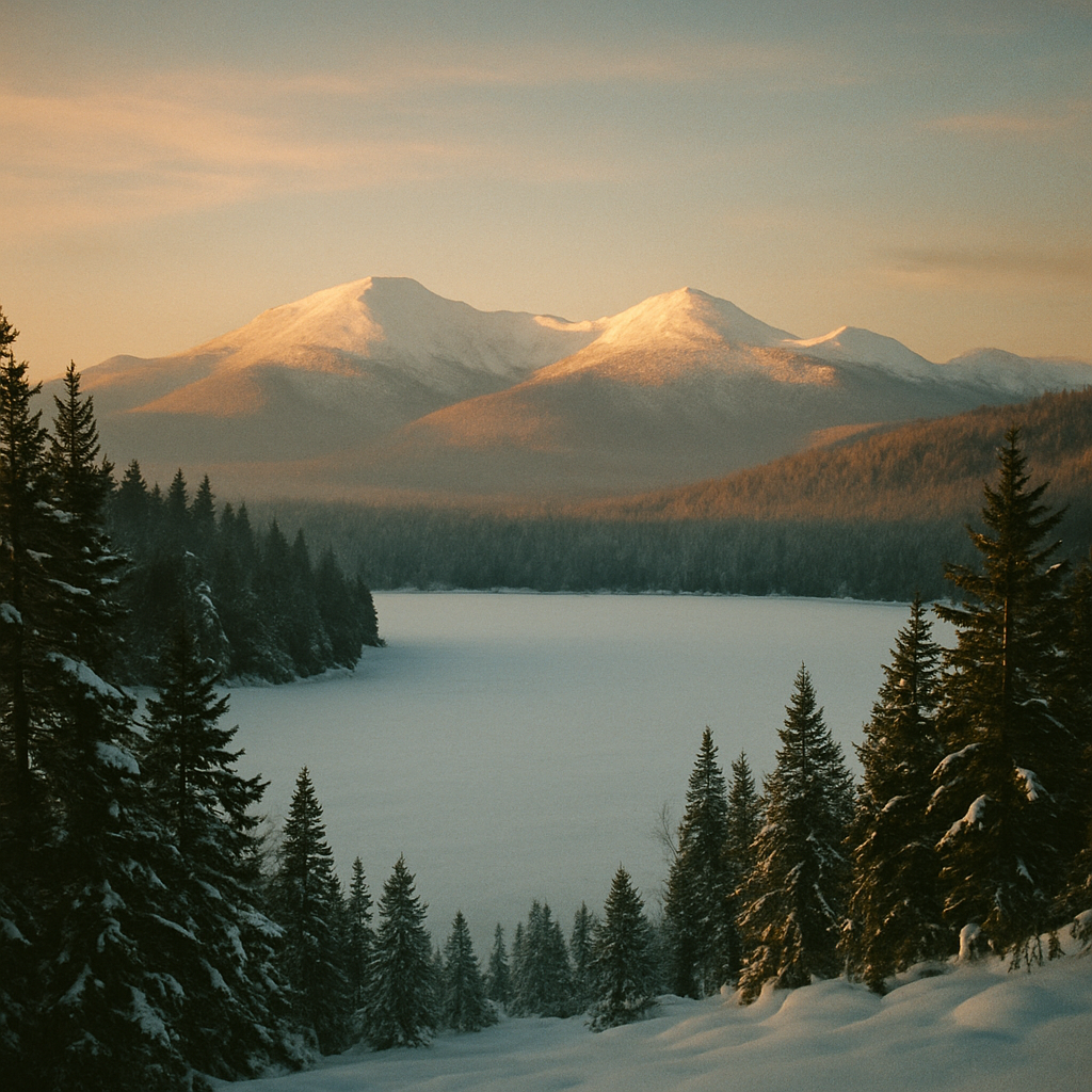 Snow-covered Adirondack High Peaks at first light above a frozen lake