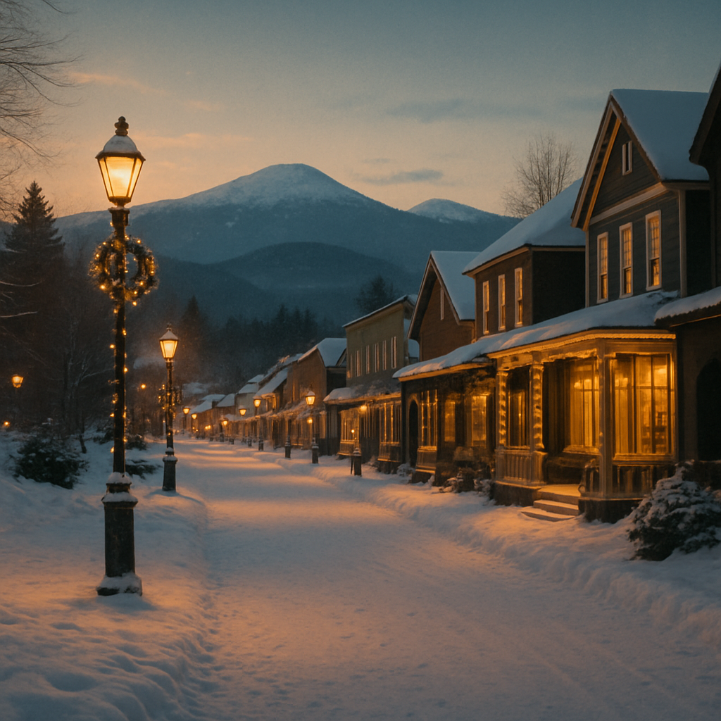 A snowy Adirondack village Main Street lit for the holidays at dusk