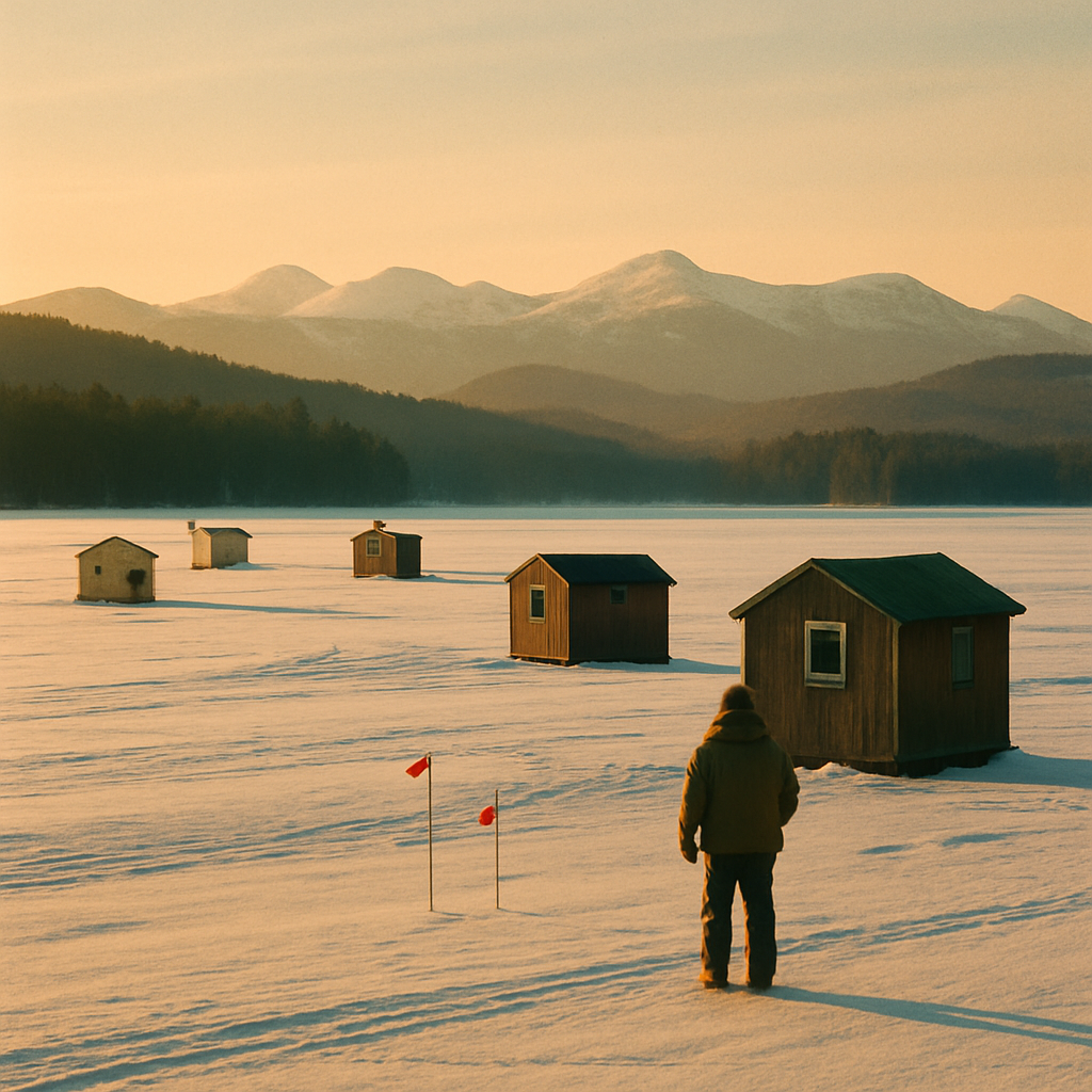 Ice-fishing shanties on a frozen Adirondack lake at golden hour