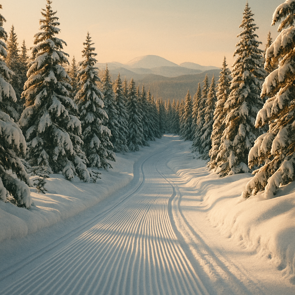 A freshly groomed snowmobile trail through deep snowy Adirondack forest