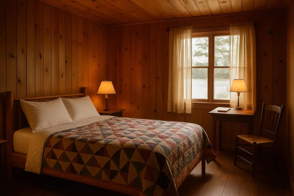 Queen bedroom with quilt and pine walls