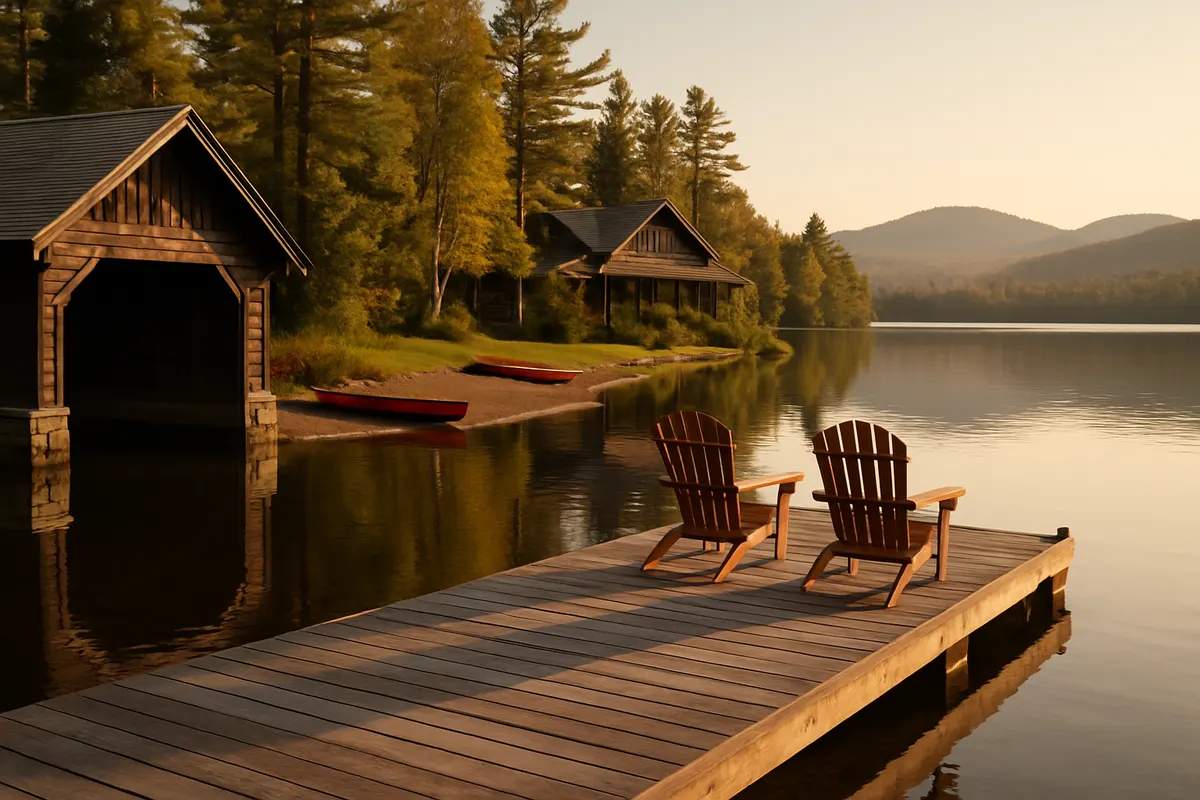 Private dock with two chairs and kayaks at the shoreline