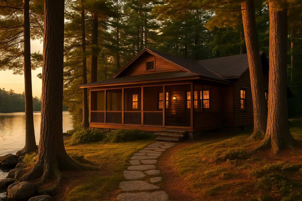 Cedar-sided Adirondack camp above a calm lake at golden hour