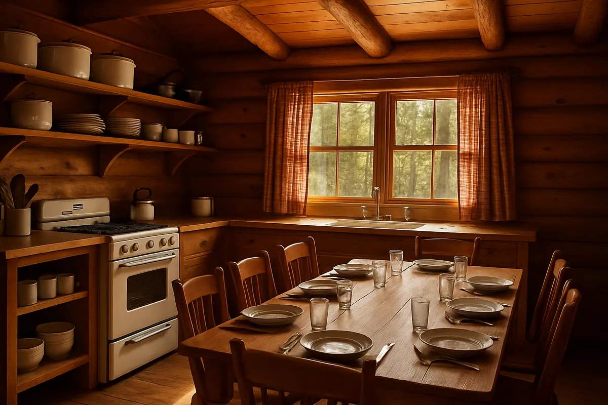 Full camp kitchen with long farmhouse table
