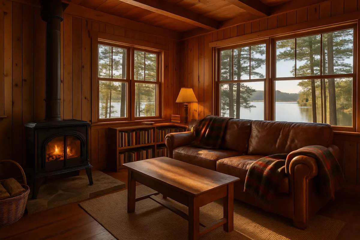 Knotty-pine living room with wood stove and lake view